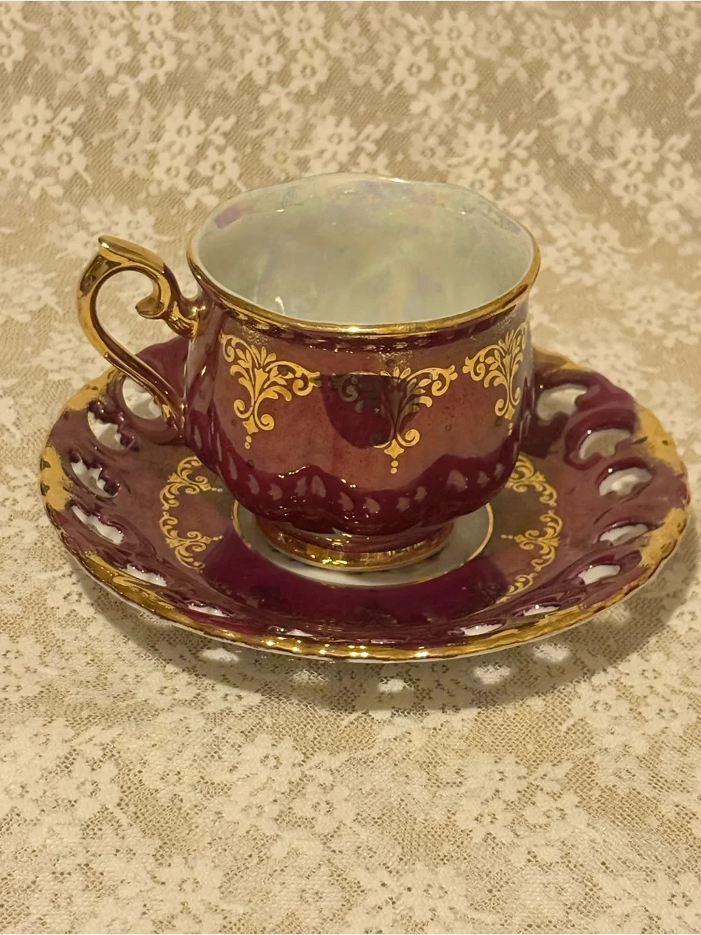 Vintage Ohashi China Burgundy & Gold Teacup & Saucer